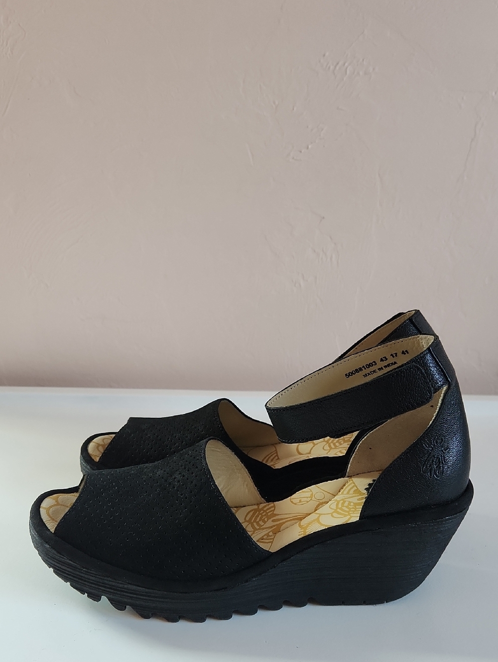 FLY London Perforated Leather Wedge Sandals – Yake –Black Size 10 EU 41